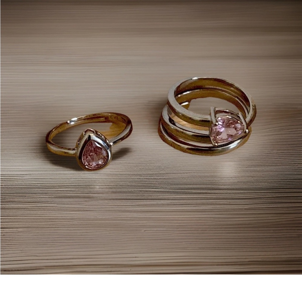 2 Piece White Gold Plated Pink Heart CZ Ring Set | Romantic Boho | Adjustable - Picture 5 of 14